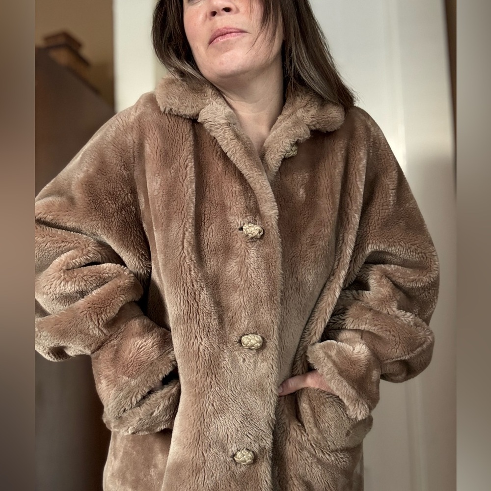 Vintage 1950’s Cozy Teddy Coat with pockets, braided buttons, lined